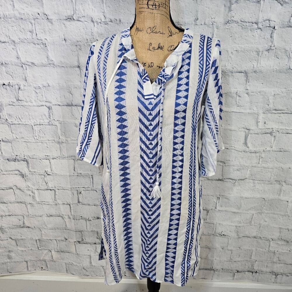 Goa beachwear by japna coverup Sz M blue white 3/4 sleeve rayon A19